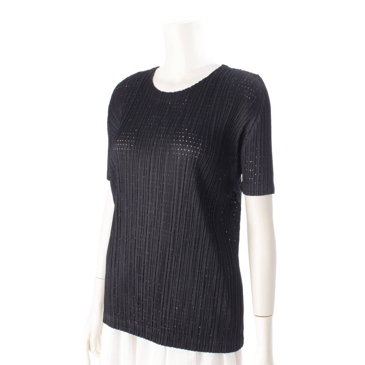 [Issey Miyake] Issey Miyake Pleated 23 Stainless Steel FLOAT Short Sleeve Cut and Sew Top PP31JK632 Black 4 [Used] [Authenticated and Guaranteed Authentic] 201729