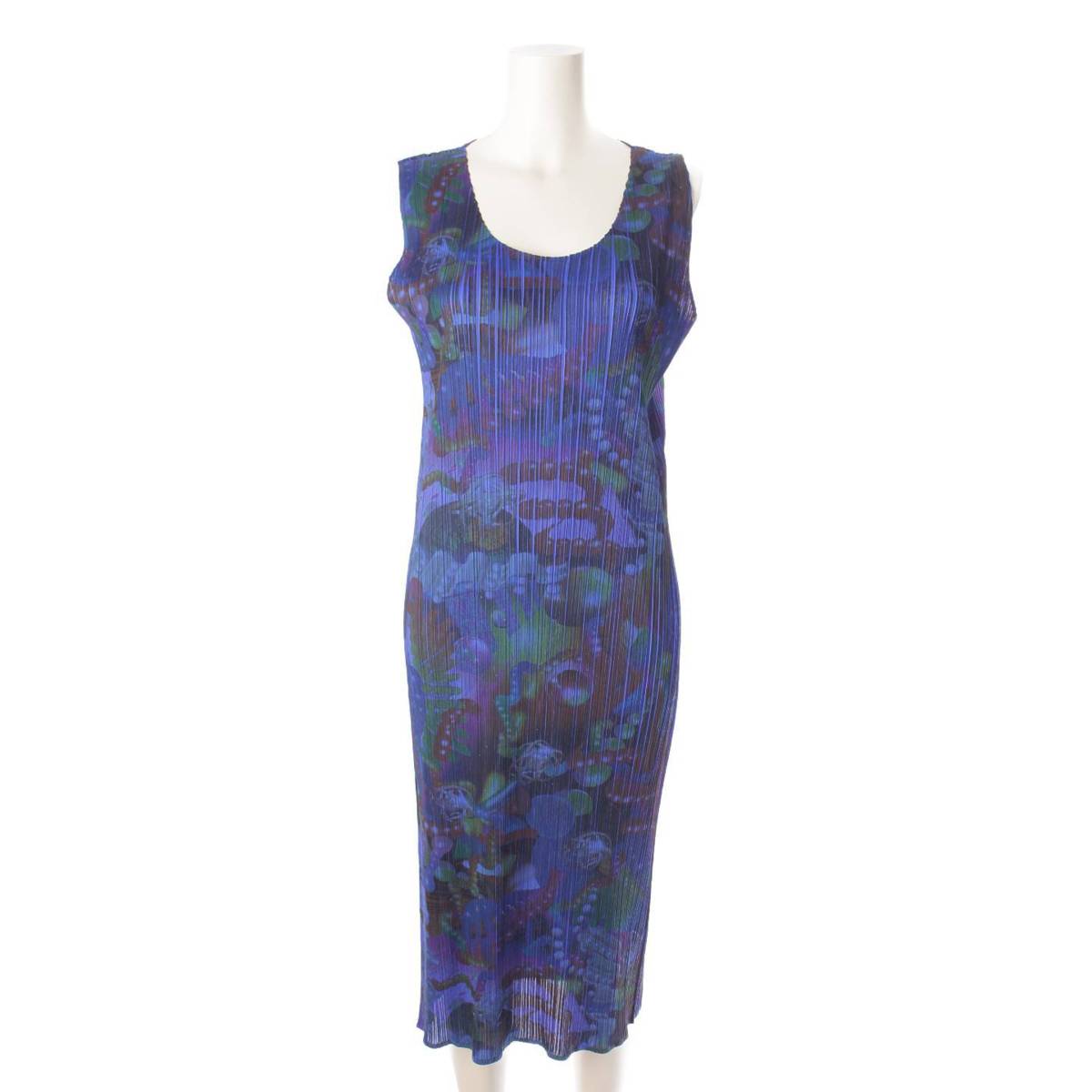 [Issey Miyake] Issey Miyake Pleated Please Transfer Print 3D ART DNA Gene Graphic Dress Blue [Used] [Authenticated and Guaranteed Authentic] 201920