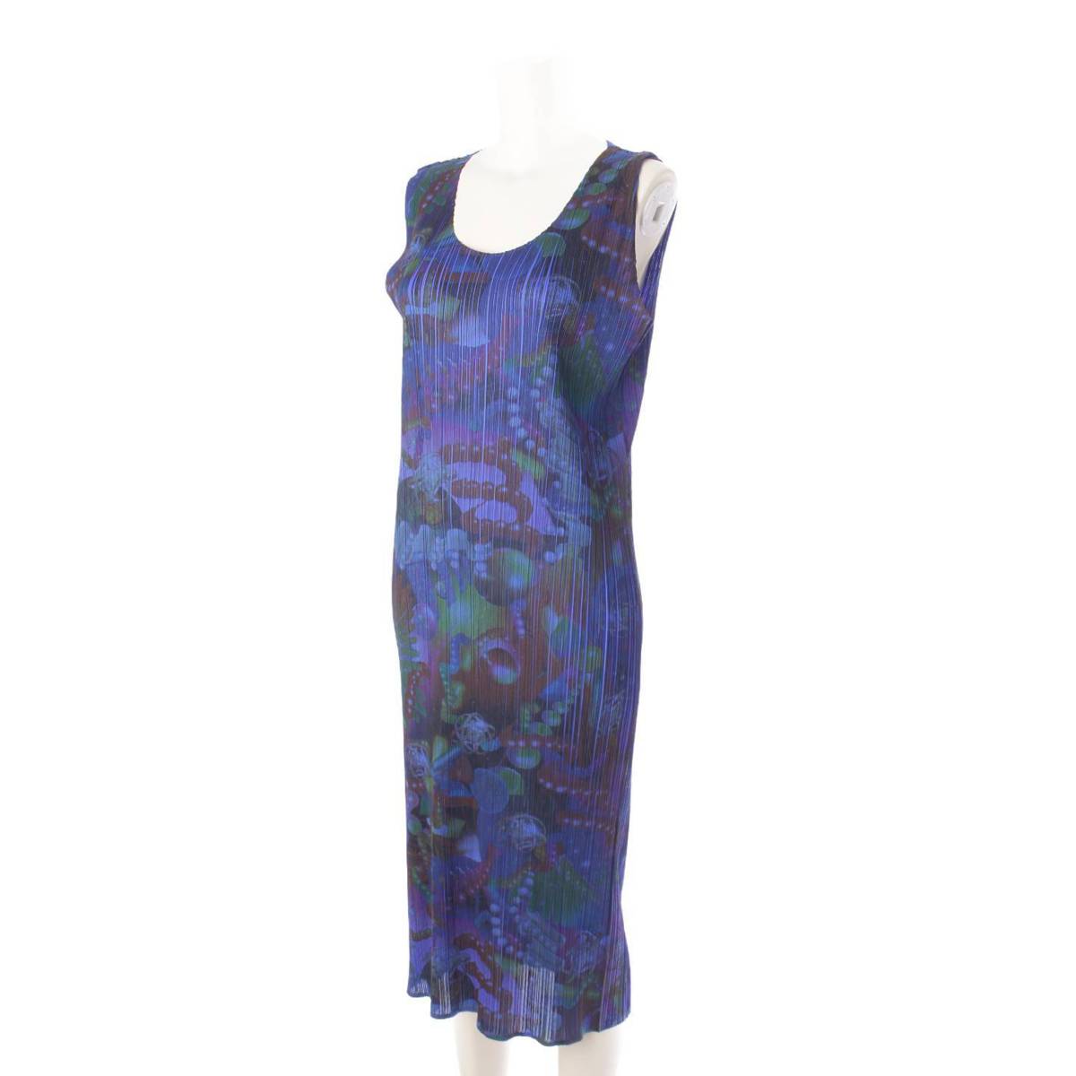 [Issey Miyake] Issey Miyake Pleated Please Transfer Print 3D ART DNA Gene Graphic Dress Blue [Used] [Authenticated and Guaranteed Authentic] 201920