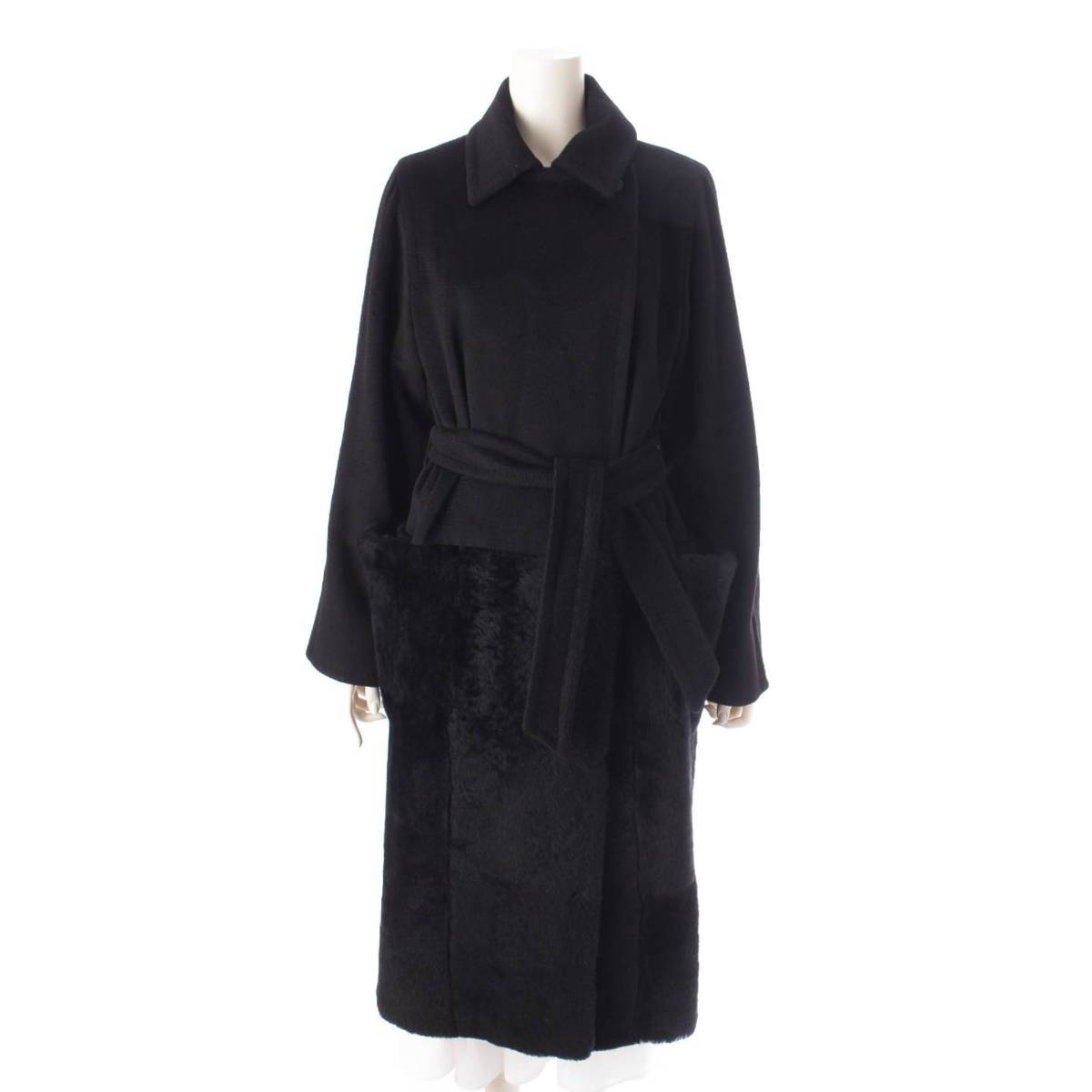 [Max Mara] Max Mara Camel Mouton Belted Coat 101603730 Black 40 [Used] [Authenticated and Guaranteed Authentic] 202304