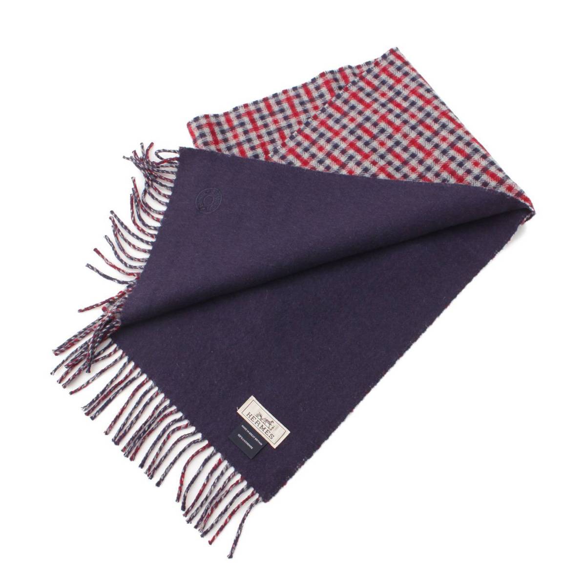 [Hermes] Hermes H Eco Select Verso Cashmere Gingham Check Scarf Navy [Used] [Authenticated and Guaranteed Authentic] 202340