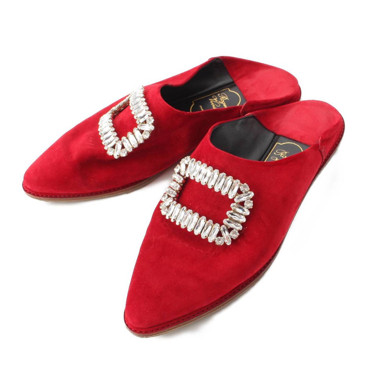 [Roger Vivier] Roger Vivier Babouche Strass Buckle Suede Flat Shoes Red 37 1/2 [Used] [Authenticated and Guaranteed Authentic] 202628