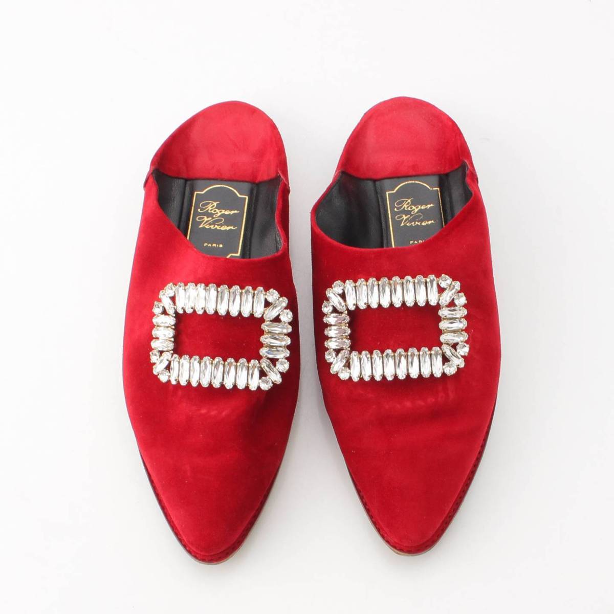 [Roger Vivier] Roger Vivier Babouche Strass Buckle Suede Flat Shoes Red 37 1/2 [Used] [Authenticated and Guaranteed Authentic] 202628