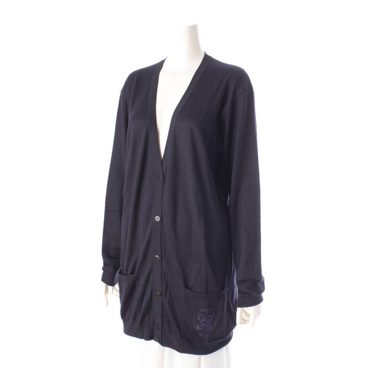 [Hermes] Hermes logo embroidered cashmere silk long sleeve knit cardigan navy 36 [Used] [Authenticated and genuine product guaranteed] 202717