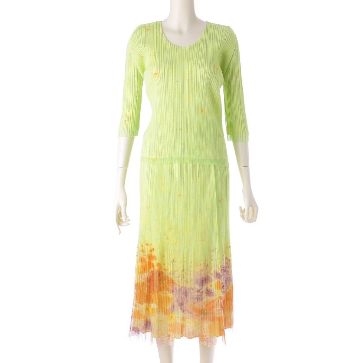 [Issey Miyake] Issey Miyake Floral Chiffon U-neck Skirt Set PP51-JG545 PP51-JK543 Green Unused [Used] [Authenticated/Genuine Product Guaranteed] 203380