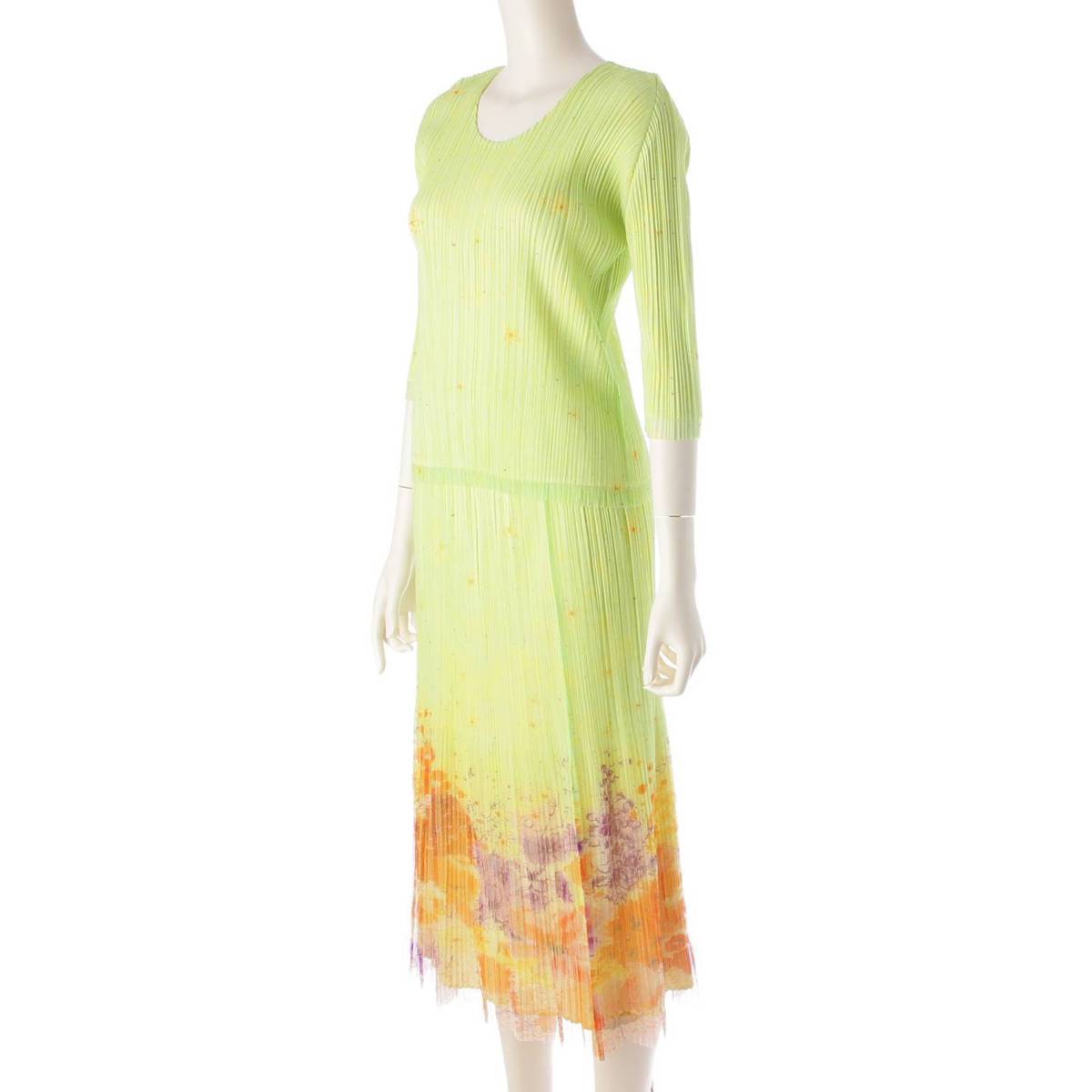 [Issey Miyake] Issey Miyake Floral Chiffon U-neck Skirt Set PP51-JG545 PP51-JK543 Green Unused [Used] [Authenticated/Genuine Product Guaranteed] 203380