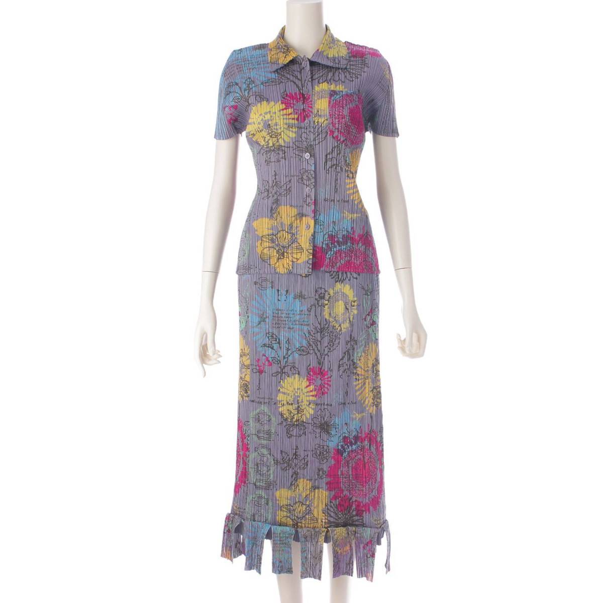 [Issey Miyake] Issey Miyake Pleated Please floral top and skirt set, gray x multicolor, unused [Used] [Authenticated and genuine product guaranteed] 203384