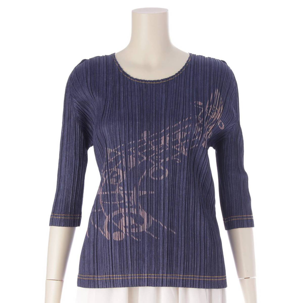 [Issey Miyake] Issey Miyake Pleated Please Musical Note Pattern U-neck Cut and Sew Top PP81-JK532 Navy 3 Unused [Used] [Authenticated and Guaranteed Authentic] 203413