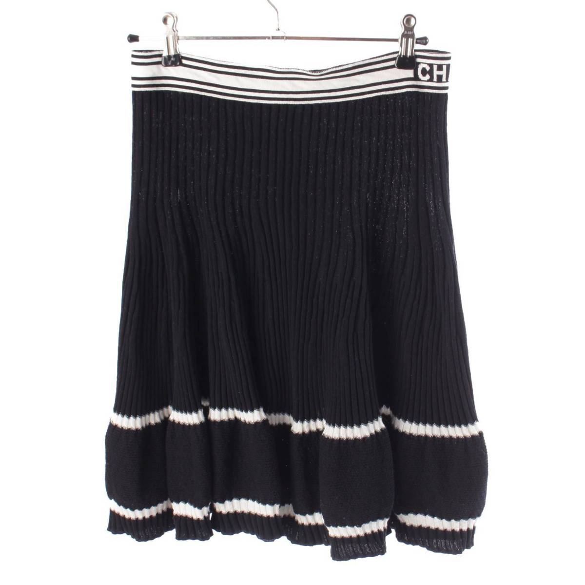 [Chanel] Chanel 19P Logo Side Zip Rib Knit Skirt P61019 Black x White 38 [Used] [Authenticated and Guaranteed Authentic] 203591