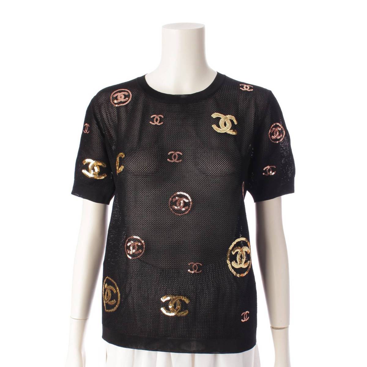 [Chanel] Chanel 19P COCO Mark Sequin Mesh Knit T-Shirt Top P60967 Black 38 [Used] [Authenticated and Guaranteed Authentic] 203596