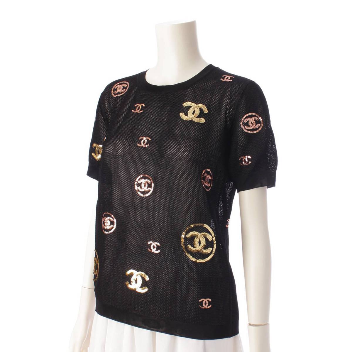 [Chanel] Chanel 19P COCO Mark Sequin Mesh Knit T-Shirt Top P60967 Black 38 [Used] [Authenticated and Guaranteed Authentic] 203596