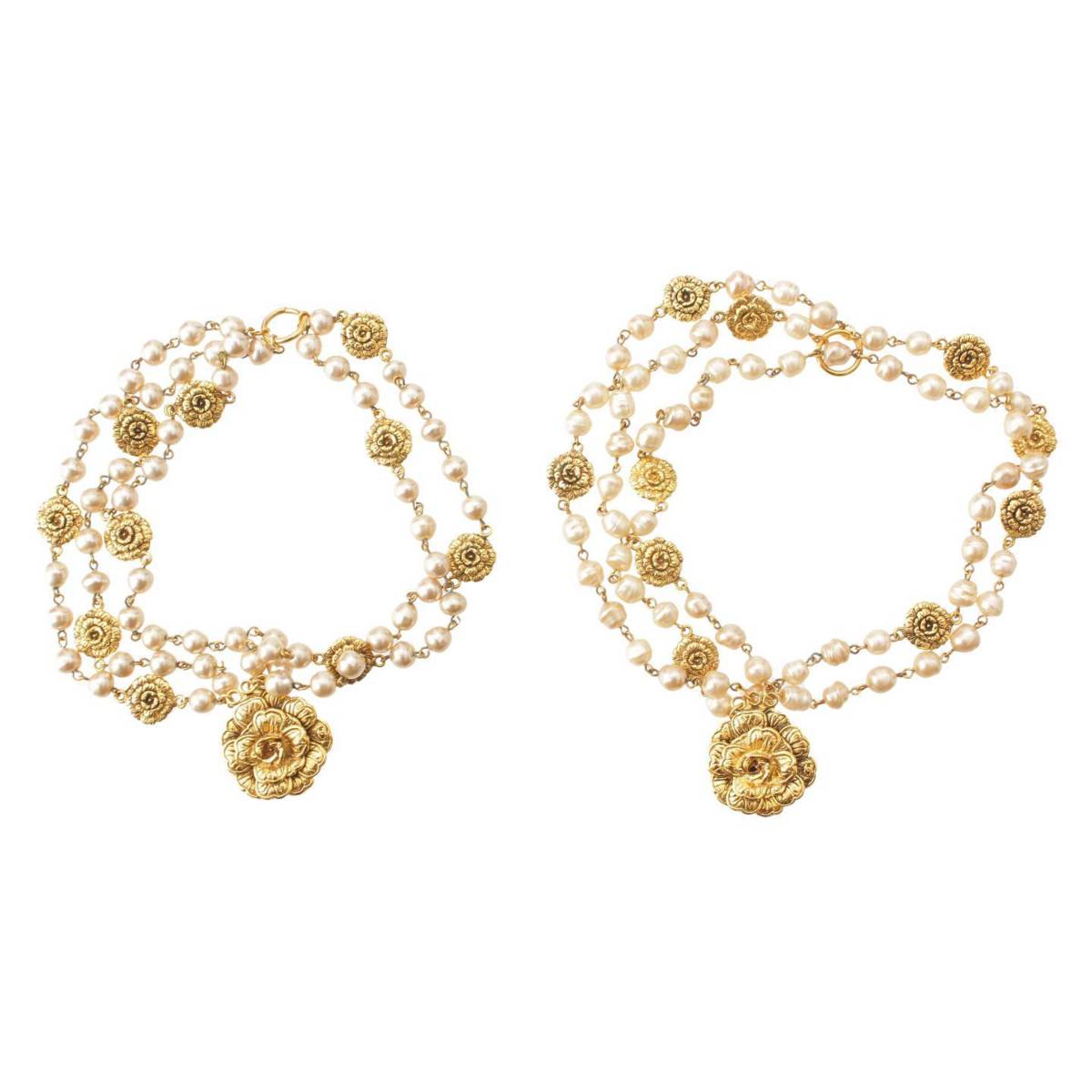 [Chanel] Chanel Camellia Pearl Vintage 5-Row Bracelet Set of 2 Gold [Used] [Authenticated and Guaranteed Authentic] 203620