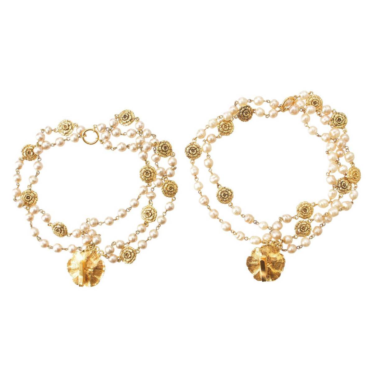 [Chanel] Chanel Camellia Pearl Vintage 5-Row Bracelet Set of 2 Gold [Used] [Authenticated and Guaranteed Authentic] 203620