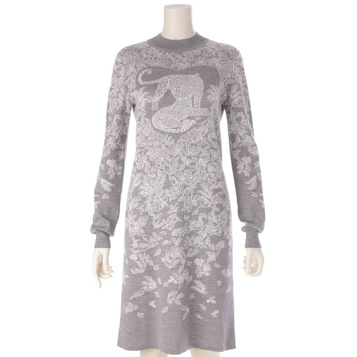 [Hermes] Hermes Jungle Love Cashmere Leopard Mock Neck Knit Dress Grey 34 [Used] [Authenticated and Guaranteed Authentic] 204053