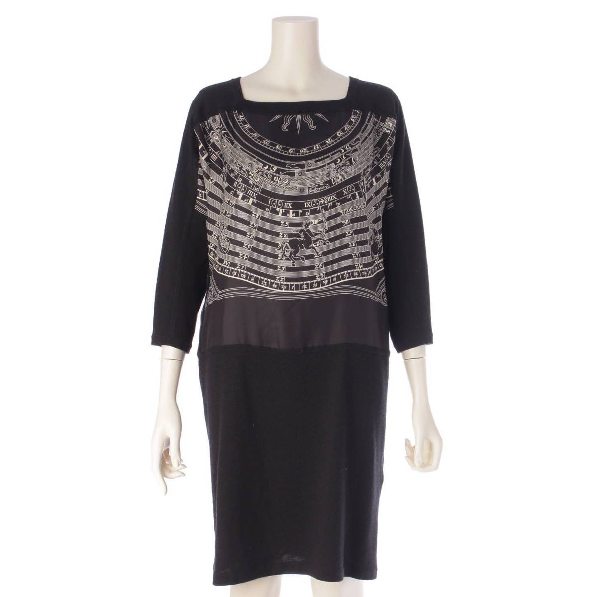 [Hermes] Hermes DIES ET HORE Twill Laine Belted Knit Dress Black 36 [Used] [Authenticated and Guaranteed Authentic] 204055