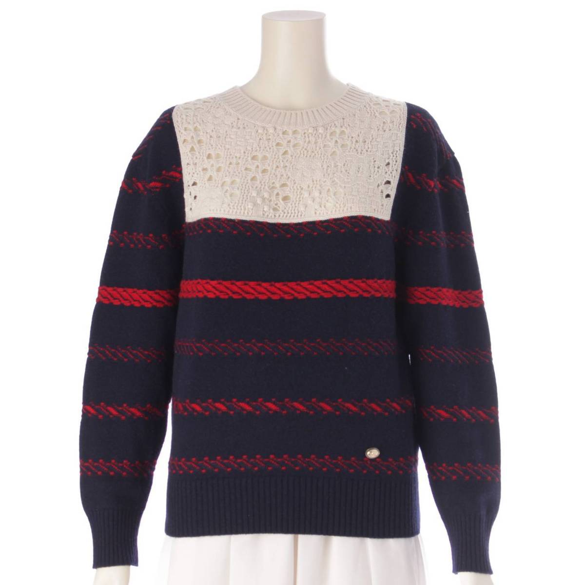 [Chanel] Chanel 21C COCO Button Cashmere Knit Sweater Top P70306 Navy x Red 36 [Used] [Authenticated and Guaranteed Authentic] 204071