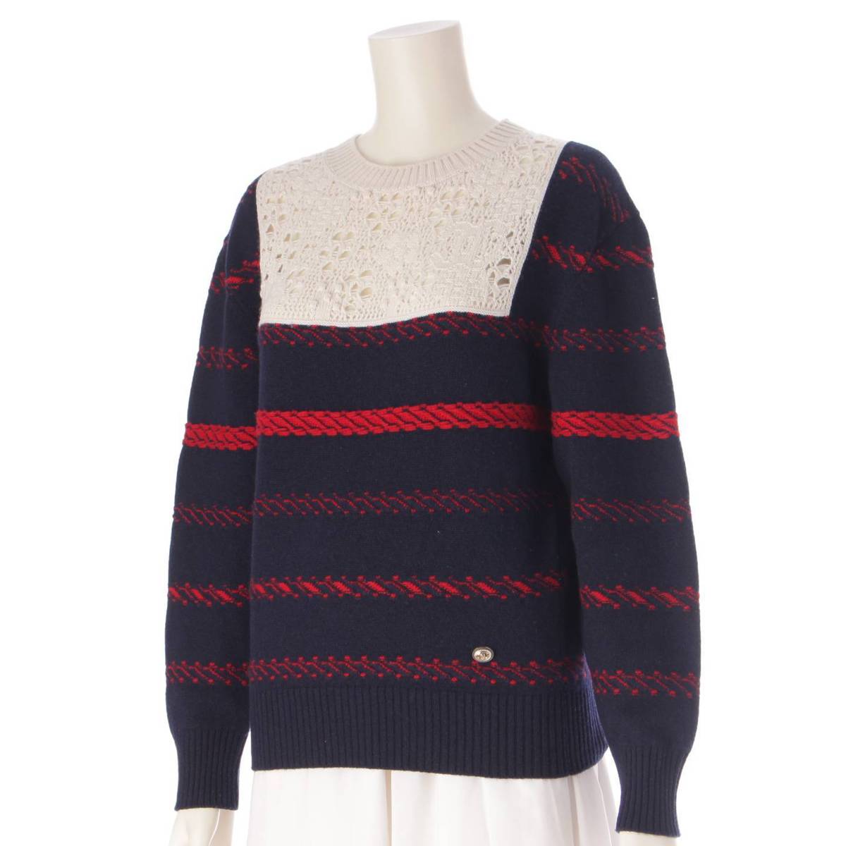 [Chanel] Chanel 21C COCO Button Cashmere Knit Sweater Top P70306 Navy x Red 36 [Used] [Authenticated and Guaranteed Authentic] 204071