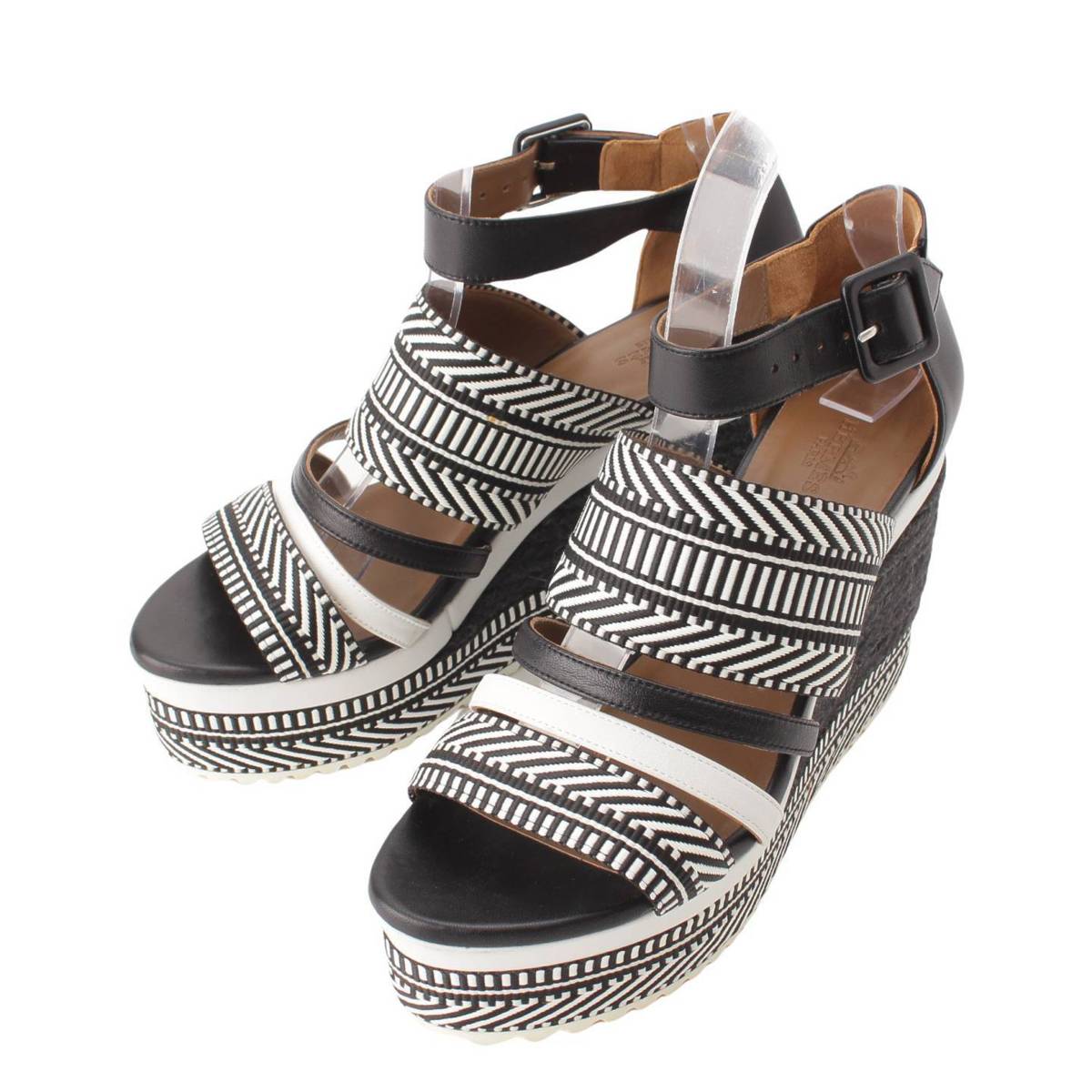 [Hermes] Hermes Roma Espadrilles Wedge Sole Strap Sandals White x Black [Used] [Authenticated and Guaranteed Authentic] 204201