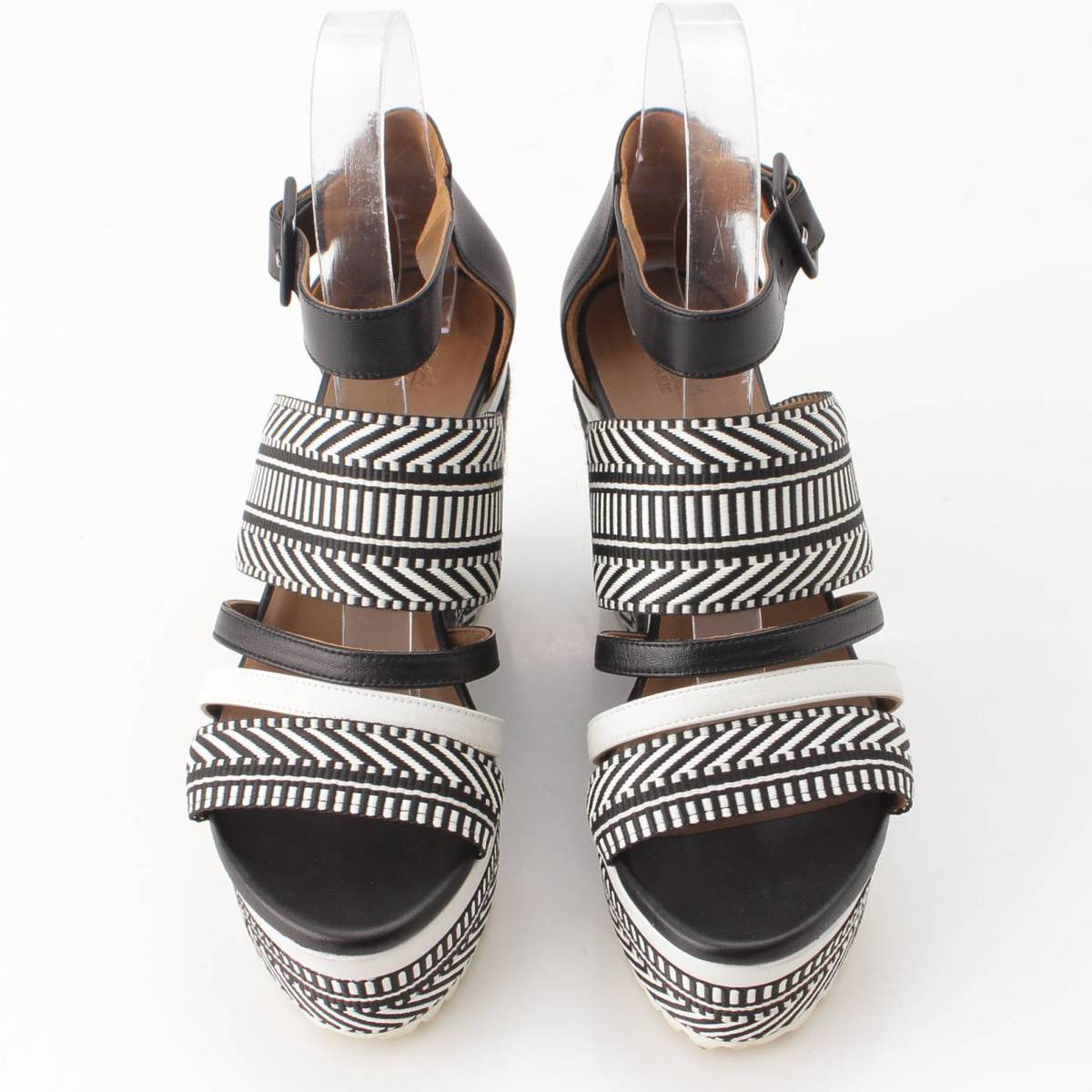 [Hermes] Hermes Roma Espadrilles Wedge Sole Strap Sandals White x Black [Used] [Authenticated and Guaranteed Authentic] 204201