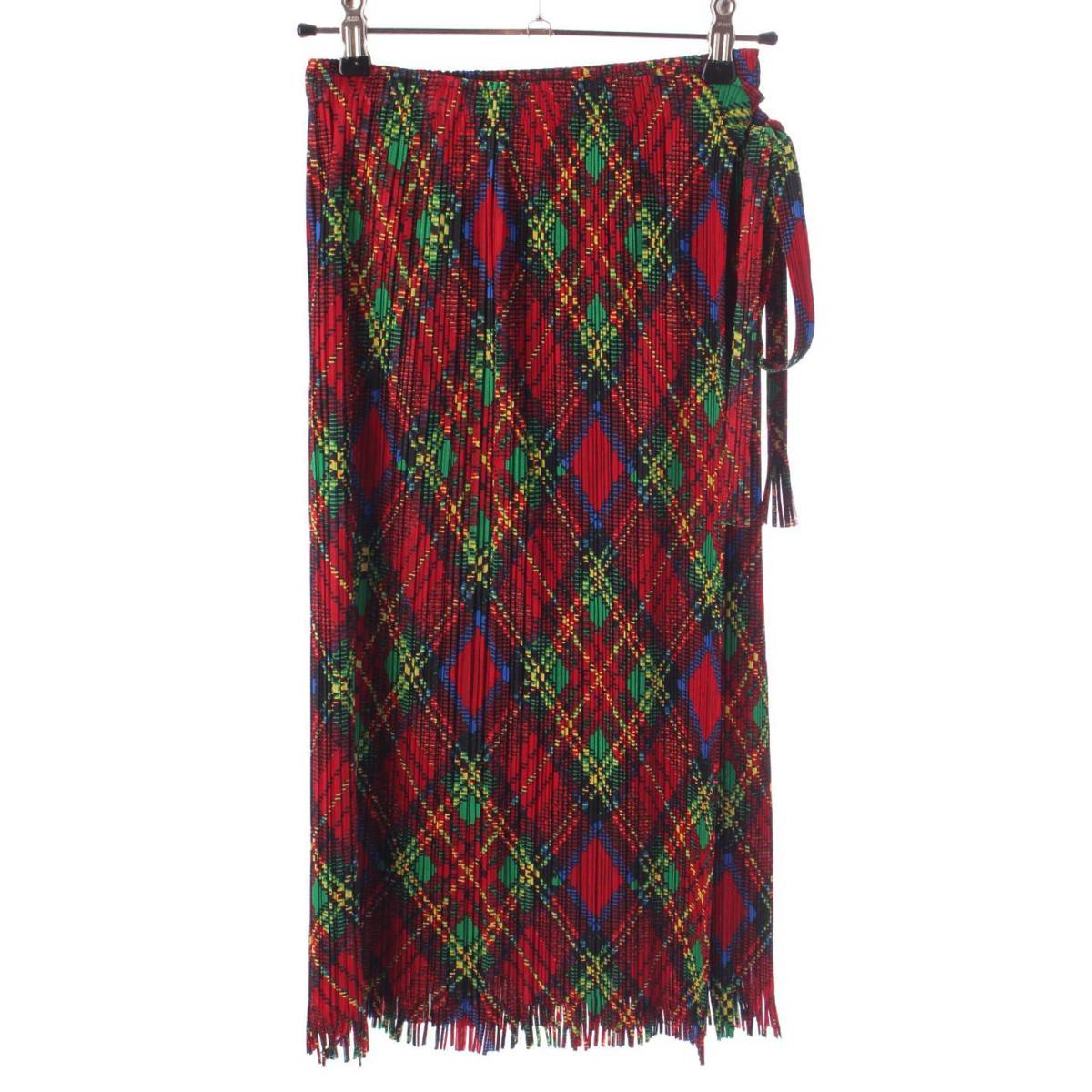 [Issey Miyake] Issey Miyake Pleated Please Check Wrap Skirt PP73-JG665 Red x Green x Yellow 1 [Used] [Authenticated and Guaranteed Authentic] 204369