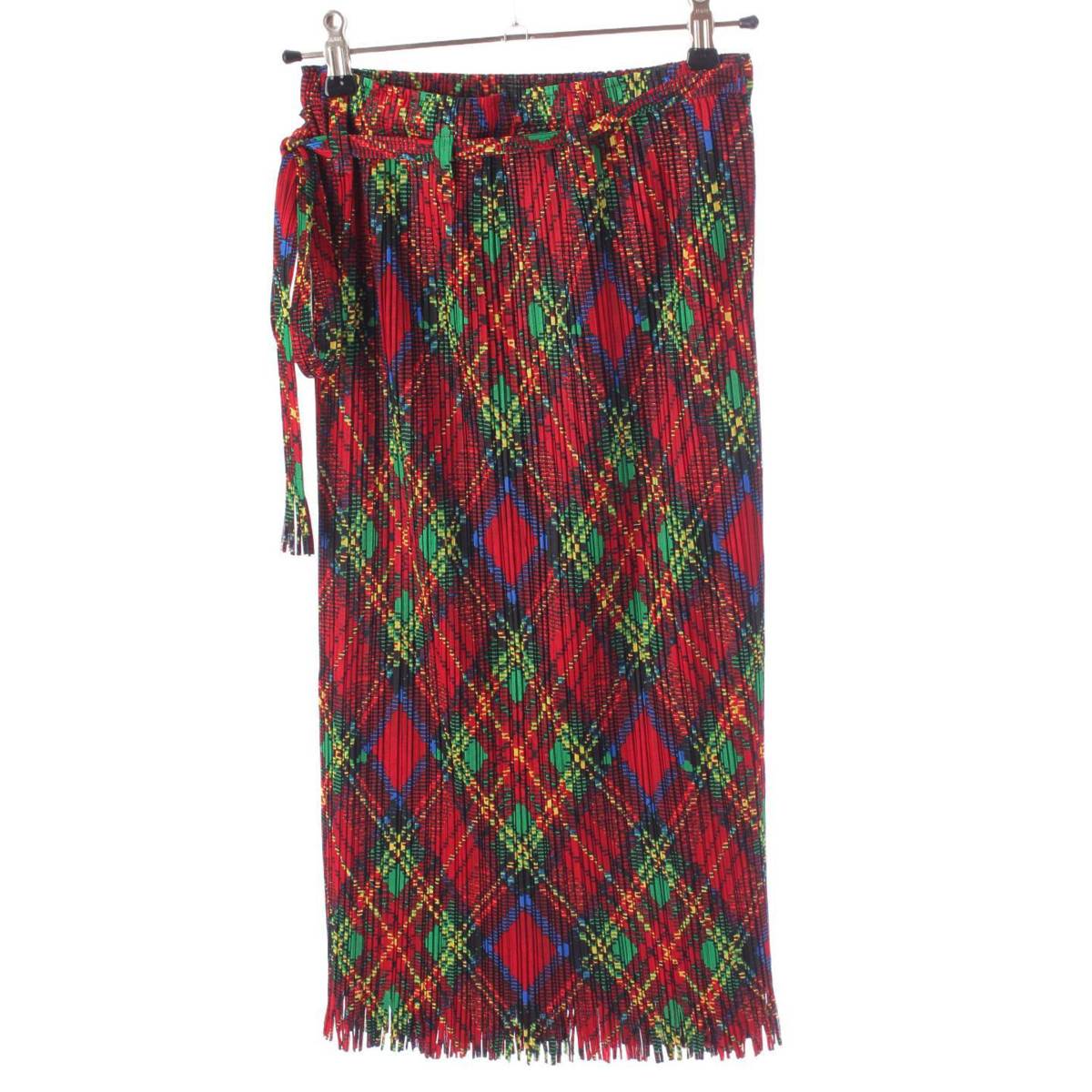 [Issey Miyake] Issey Miyake Pleated Please Check Wrap Skirt PP73-JG665 Red x Green x Yellow 1 [Used] [Authenticated and Guaranteed Authentic] 204369