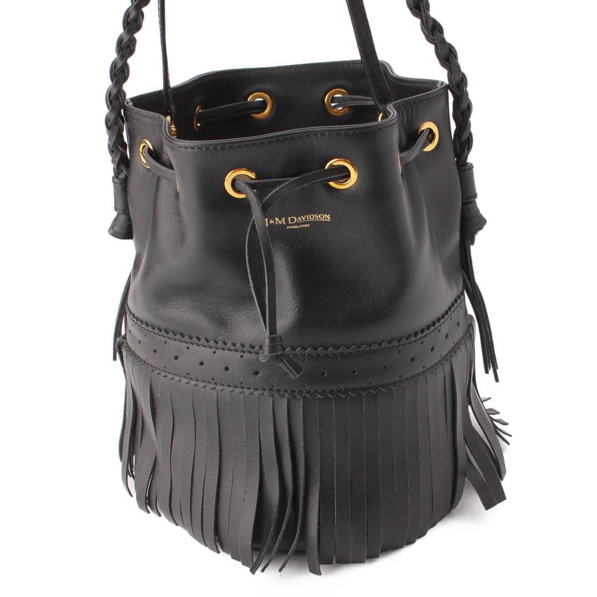 [J&M DAVIDSON] J&M DAVIDSON Carnival Drawstring Fringe Leather Shoulder Bag Black [Used] [Authenticated/Genuine Product Guaranteed] 204374
