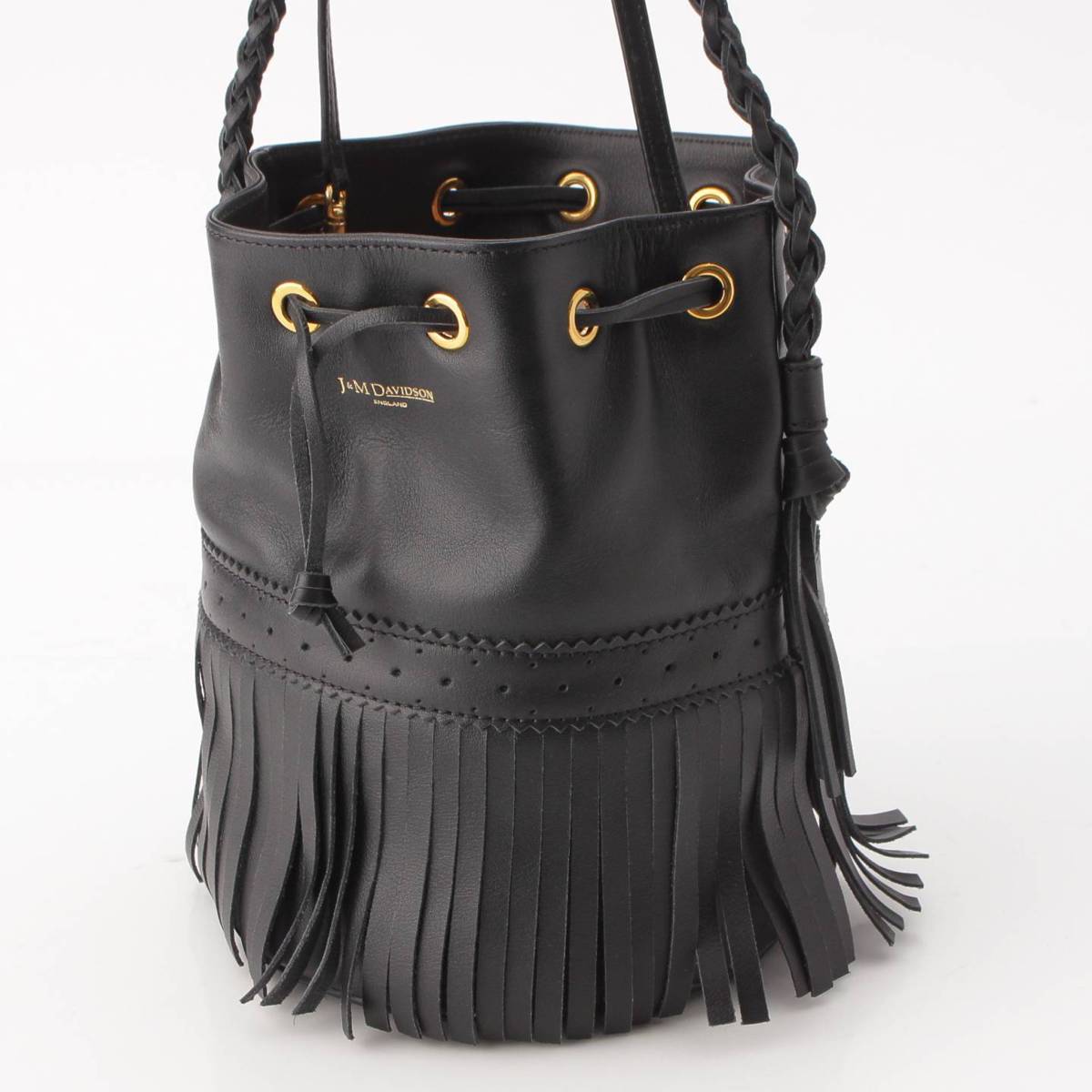 [J&M DAVIDSON] J&M DAVIDSON Carnival Drawstring Fringe Leather Shoulder Bag Black [Used] [Authenticated/Genuine Product Guaranteed] 204374