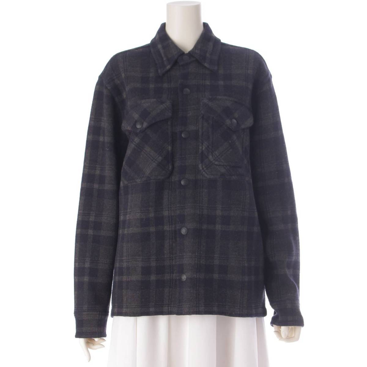 [ ] Wool Check Snap Button Cardigan Jacket Blouson Navy 170/92A [Used] [Authenticated and Guaranteed Authentic] 204785