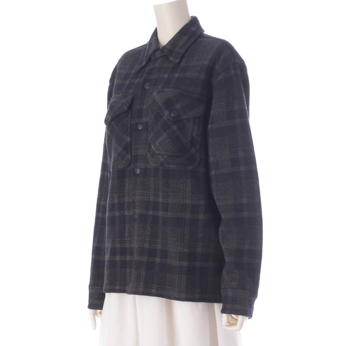 [ ] Wool Check Snap Button Cardigan Jacket Blouson Navy 170/92A [Used] [Authenticated and Guaranteed Authentic] 204785