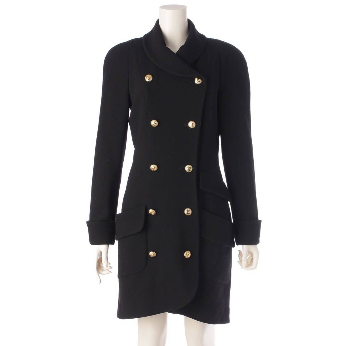 [Chanel] Chanel Vintage COCO Mark Double Button Wool Coat Outerwear Black 36 [Used] [Authenticated and Guaranteed Authentic] 204961