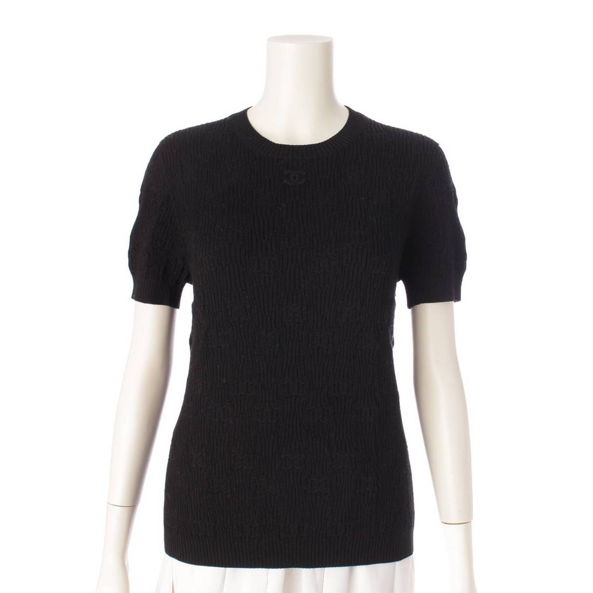 [Chanel] Chanel 21P COCO Mark Logo Jacquard Short Sleeve Knit Sweater Top P70431 Black 42 [Used] [Authenticated and Guaranteed Authentic] 205013