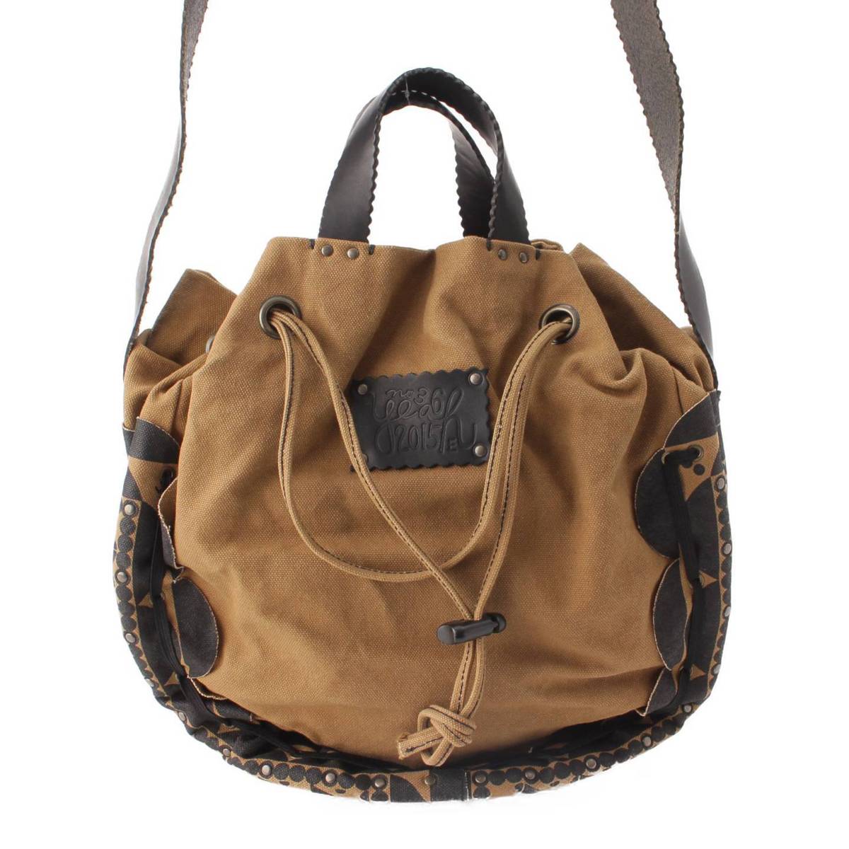 [Ebagos] ebagos Drawstring Basket Pocket Red Rattan x Canvas x Leather Shoulder Bag Brown x Black [Used] [Authenticated/Genuine Product Guaranteed] 205162