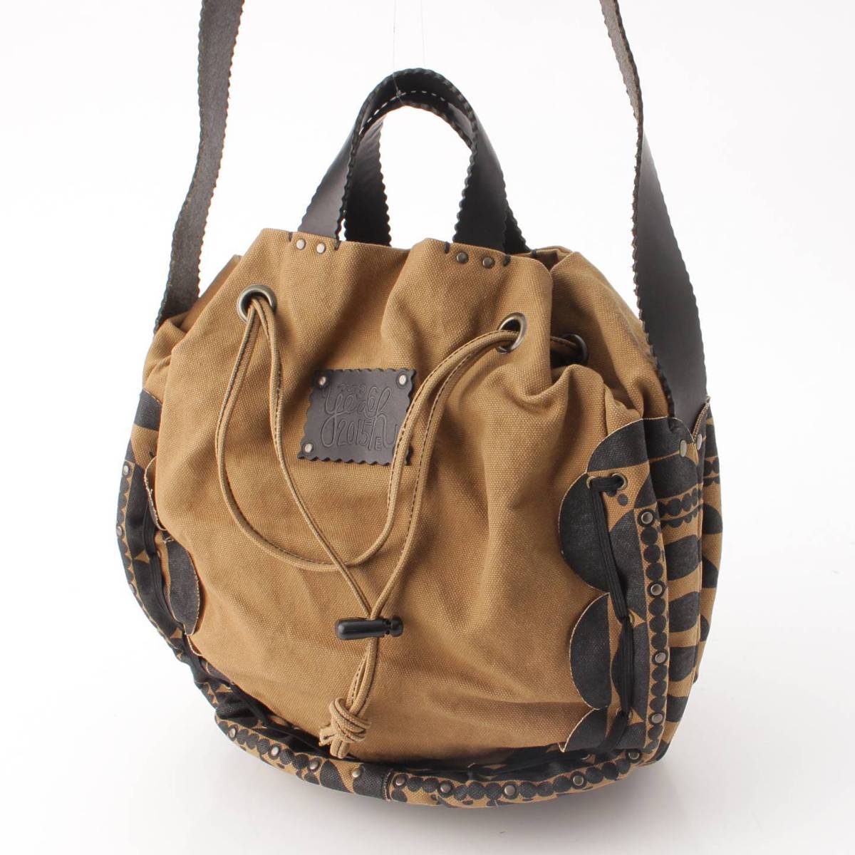 [Ebagos] ebagos Drawstring Basket Pocket Red Rattan x Canvas x Leather Shoulder Bag Brown x Black [Used] [Authenticated/Genuine Product Guaranteed] 205162