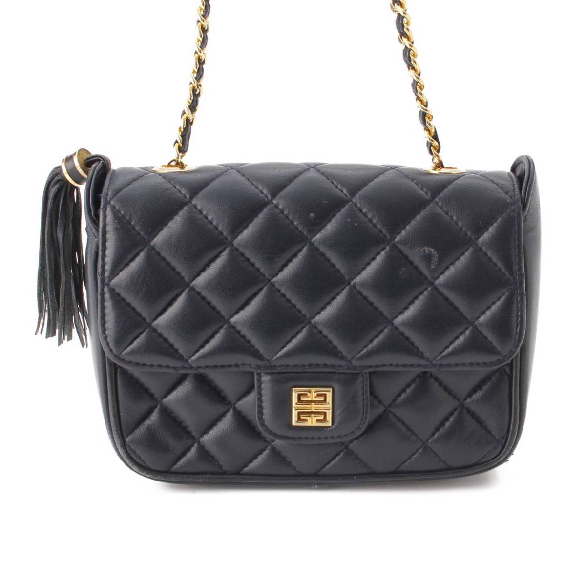 [GIVENCHY] GIVENCHY Quilted Leather Fringe Logo Chain Shoulder Bag Navy [Used] [Authenticated/Genuine Product Guaranteed] 205233
