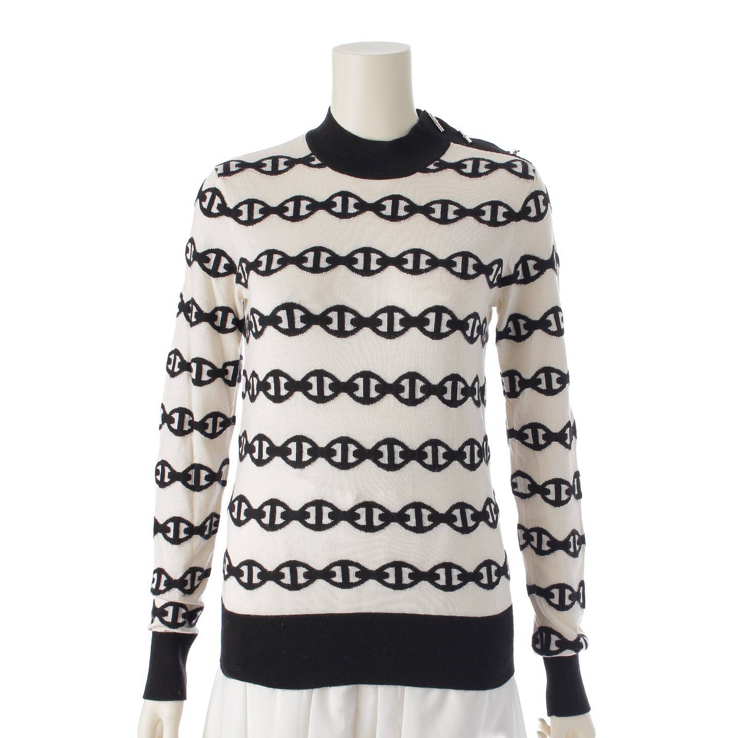 Hermes 20 Years Chaine d'Ancre Cashmere x Silk Knit Sweater White x Black 34 [Used] [Authentic Product Guaranteed]