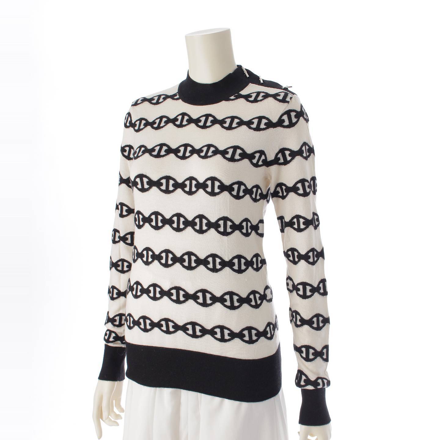 Hermes 20 Years Chaine d'Ancre Cashmere x Silk Knit Sweater White x Black 34 [Used] [Authentic Product Guaranteed]