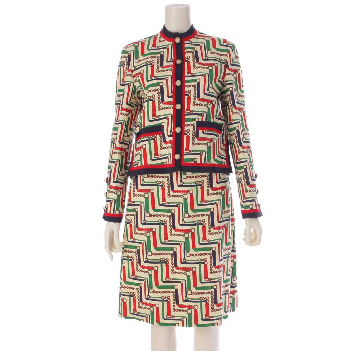 [Gucci] Gucci Chain Belt Pattern Silk Wool Jacket & Skirt Set 40 [Used] [Authenticated/Genuine Product Guaranteed] 205471