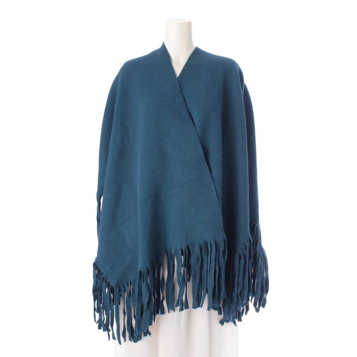 [Burberry] Burberry Wool Fringe Cape Poncho Short Coat Scarf Blue [Used] [Authenticated/Genuine Product Guaranteed] 205656