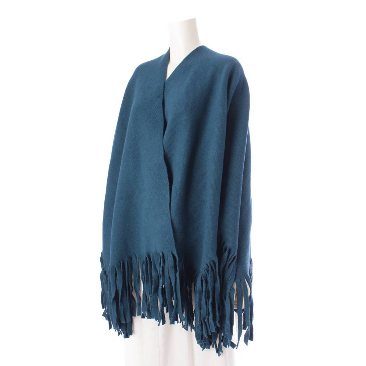 [Burberry] Burberry Wool Fringe Cape Poncho Short Coat Scarf Blue [Used] [Authenticated/Genuine Product Guaranteed] 205656