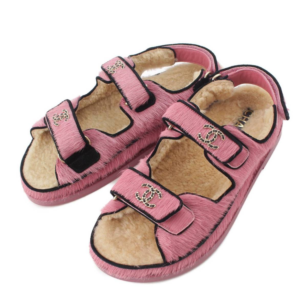 [Chanel] Chanel COCO Mark Pony Fur Velcro Sandals G35927 Black Pink 38C Unused [Used] [Authenticated and Guaranteed Authentic] 205755