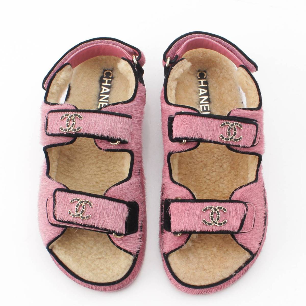 [Chanel] Chanel COCO Mark Pony Fur Velcro Sandals G35927 Black Pink 38C Unused [Used] [Authenticated and Guaranteed Authentic] 205755