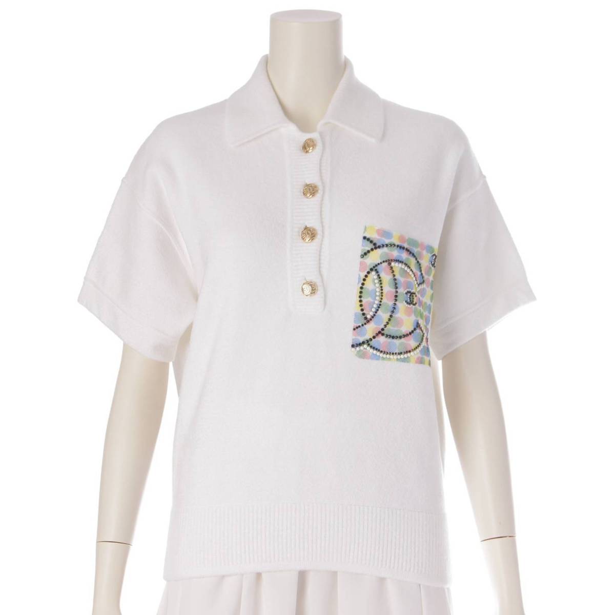 [Chanel] Chanel COCO Mark Pearl Polo Shirt T-Shirt Short Sleeve Top P70527 White 36 [Used] [Authenticated and Guaranteed Authentic] 206231