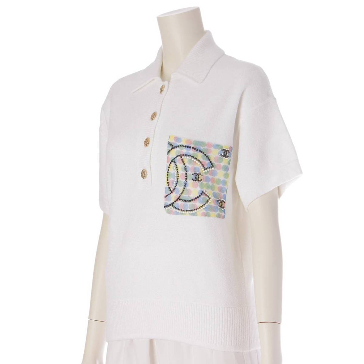 [Chanel] Chanel COCO Mark Pearl Polo Shirt T-Shirt Short Sleeve Top P70527 White 36 [Used] [Authenticated and Guaranteed Authentic] 206231