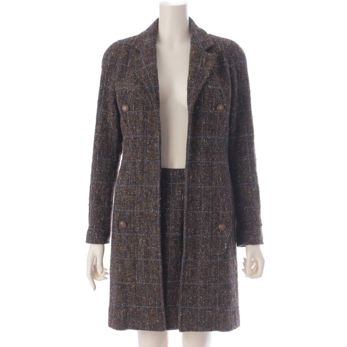 [Chanel] Chanel 94A Tweed COCO Button Set Up Long Jacket Tight Skirt Brown 36 [Used] [Authenticated and Guaranteed Authentic] 206414