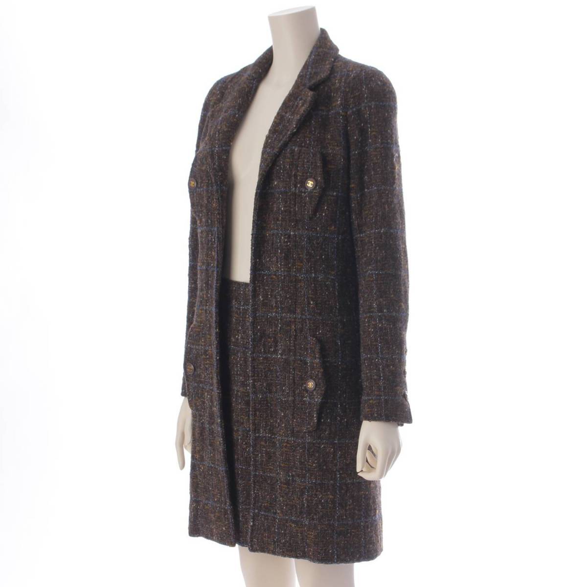 [Chanel] Chanel 94A Tweed COCO Button Set Up Long Jacket Tight Skirt Brown 36 [Used] [Authenticated and Guaranteed Authentic] 206414