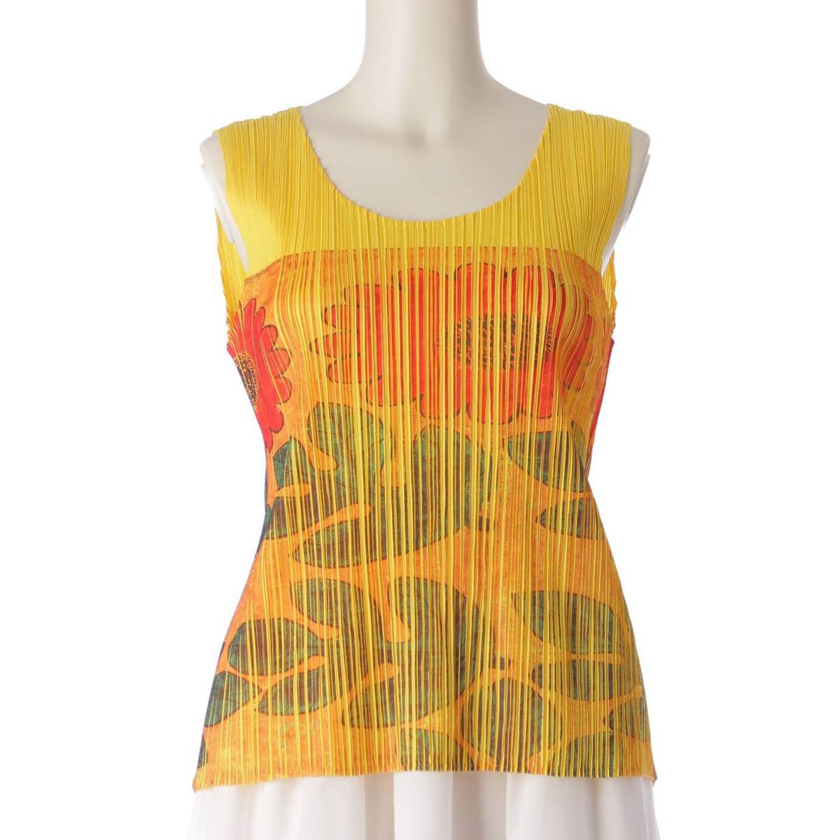 [Pleated Please Issey Miyake] PLEATS PLEASE ISSEY Sleeveless Floral Print Top Tank Top Cut and Sewn PP83-JK228 Yellow 4 [Used] [Authenticated and Guaranteed Authentic] 206565