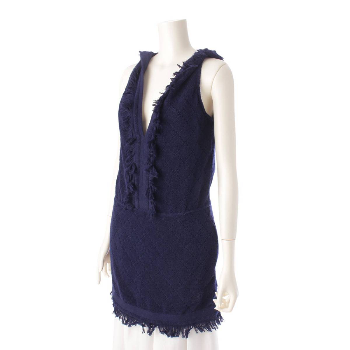 [Chanel] Chanel COCO Mark Matelasse pile fringe mini dress P51319 Navy 34 [Used] [Authenticated and guaranteed authentic] 206934