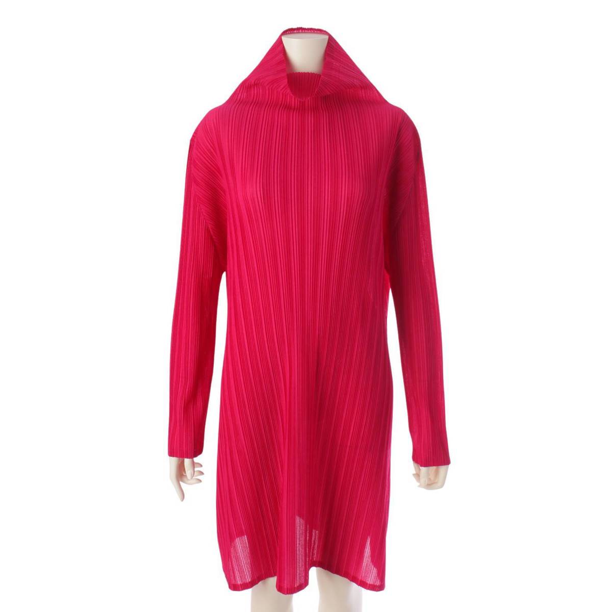 [Issey Miyake] Issey Miyake Pleated Turtleneck Long Sleeve Dress PP43-FH385 Vivid Pink 3 [Used] [Authenticated and Guaranteed Authentic] 206991
