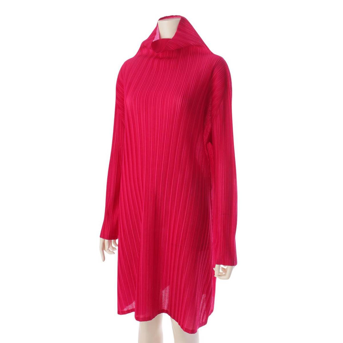 [Issey Miyake] Issey Miyake Pleated Turtleneck Long Sleeve Dress PP43-FH385 Vivid Pink 3 [Used] [Authenticated and Guaranteed Authentic] 206991