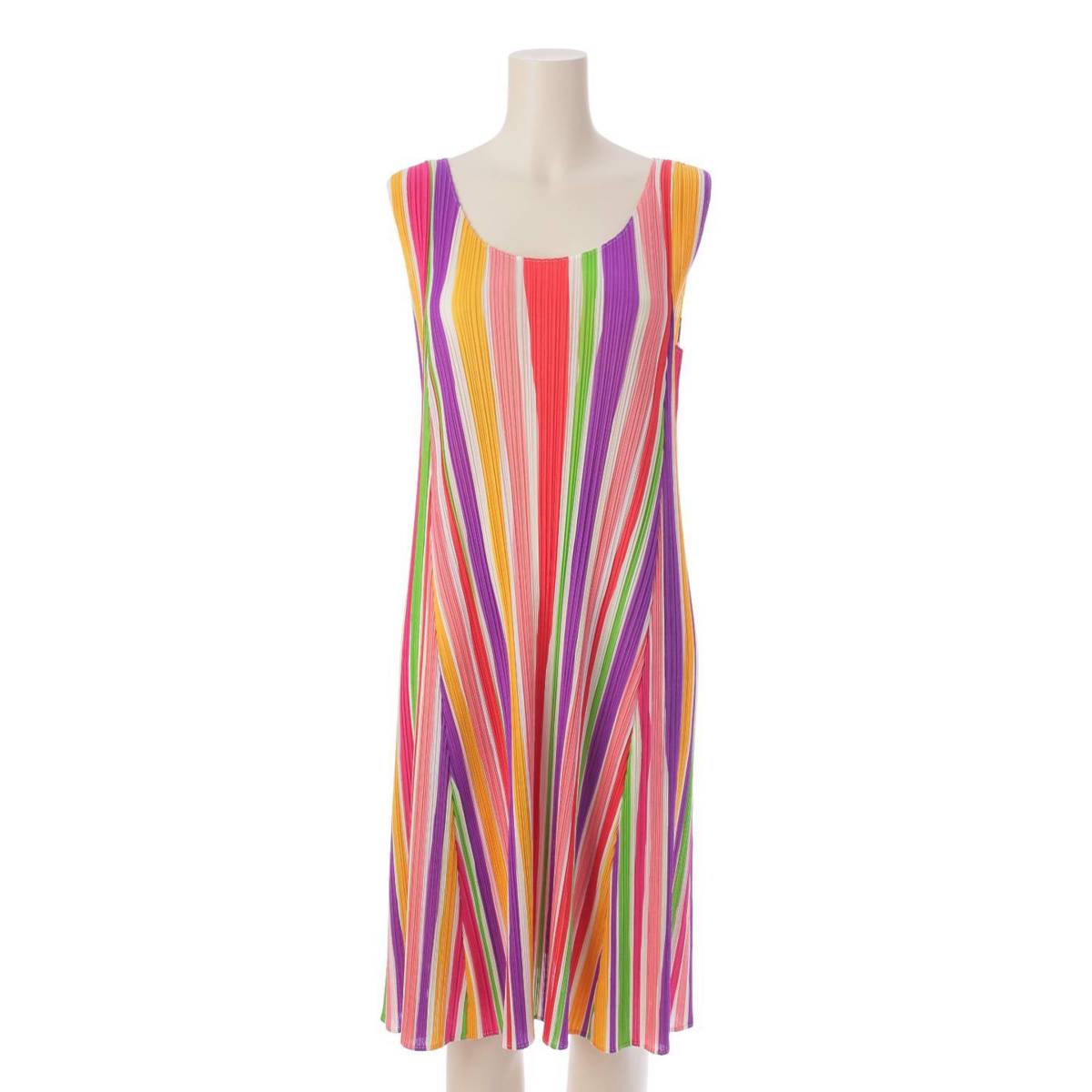 [Issey Miyake] Issey Miyake Striped A-line Sleeveless One-piece Dress PP31-JH625 Multicolor 4 [Used] [Authenticated and Guaranteed Authentic] 206996
